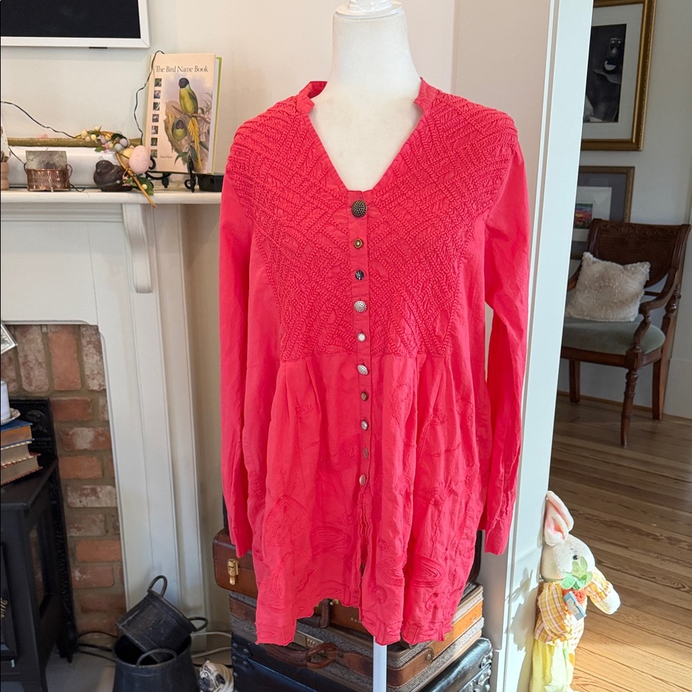 Soft Surroundings "Alka" Embroidered Tunic, deep coral size XL
